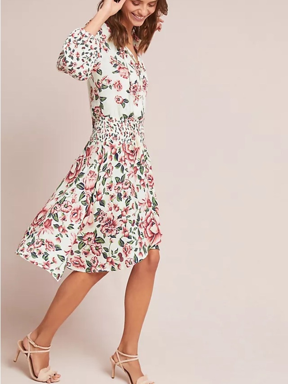 Farm Rio Anabela Smocked Floral Dress XS Anthropologie Pink Red Midi